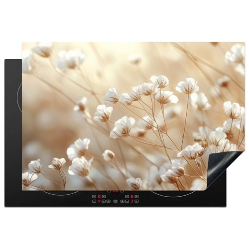 KitchenYeah© Herdabdeckplatte 78x52 cm Einteilig Küche Herdabdeckung Induktionsfeld Ceranfeld Herdabdeckplatten Vinyl Matte Aufrollbar Wild - Blume - Weiß von KitchenYeah