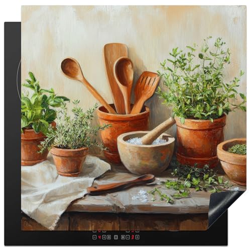 KitchenYeah© Herdabdeckplatte 78x78 cm Einteilig Ceranfeld Abdeckplatte für Induktionsschutz Ceranfeldabdeckung Vinyl Herdabdeckplatten Töpfe - Kräuter - Holz von KitchenYeah