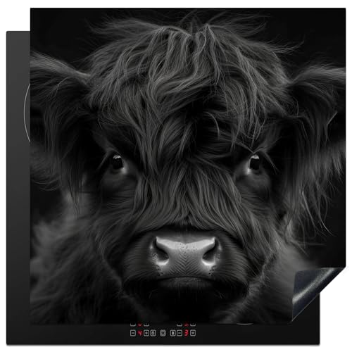KitchenYeah© Herdabdeckplatte 78x78 cm Einteilig Induktionsmatte Küche Abdeckung Ceranfeld Herd Abdeckplatte Deko Vinyl Matte Aufrollbar Schottisches Hochlandrind - Schwarz - Kalb - Kuh von KitchenYeah
