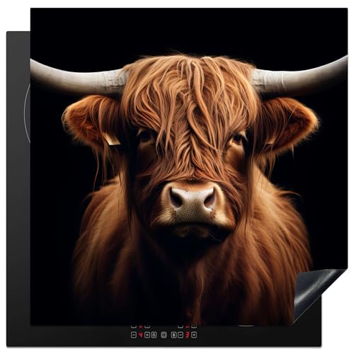 KitchenYeah© Herdabdeckplatte 78x78 cm Einteilig Induktionsmatte Küche Abdeckung Ceranfeld Herd Abdeckplatte Deko Vinyl Matte Aufrollbar Schottisches Hochlandrind - Schwarz - Kuh - Tiere von KitchenYeah