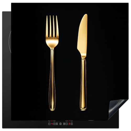 KitchenYeah© Herdabdeckplatte 78x78 cm Einteilig Küche Herdabdeckung Induktionsfeld Ceranfeld Herdabdeckplatten Vinyl Matte Aufrollbar Besteck - Gold - Messer - Gabel von KitchenYeah