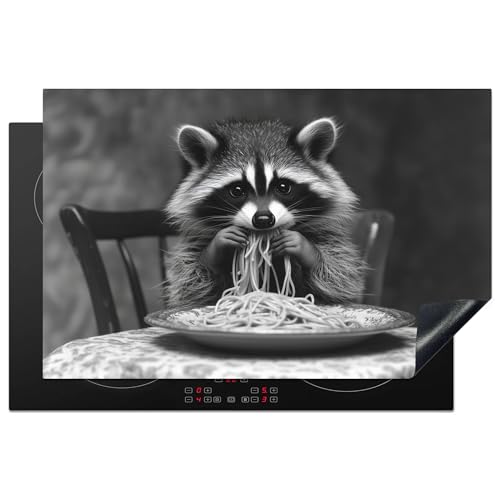 KitchenYeah© Herdabdeckplatte 80.2x52.2 cm Einteilig Abdeckplatten Cerankochfeld Abdeckung Ceranfeld Herdplattenabdeckung Induktionsmatte Waschbär - Niedlich - Pasta - Tischtuch - Schwarz - Weiß von KitchenYeah