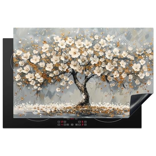 KitchenYeah© Herdabdeckplatte 80.2x52.2 cm Einteilig Ceranfeld Abdeckplatte Küche Deko Ceranfeldabdeckung Herdabdeckung Induktionsmatte Baum des Lebens - Gold - Weiß von KitchenYeah