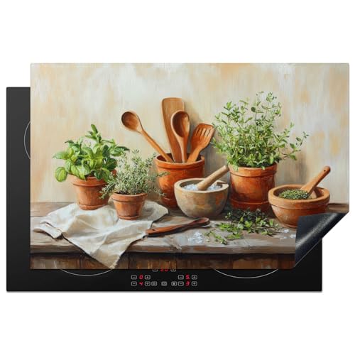 KitchenYeah© Herdabdeckplatte 80.2x52.2 cm Einteilig Ceranfeld Abdeckplatte für Induktionsschutz Ceranfeldabdeckung Vinyl Herdabdeckplatten Töpfe - Kräuter - Holz von KitchenYeah
