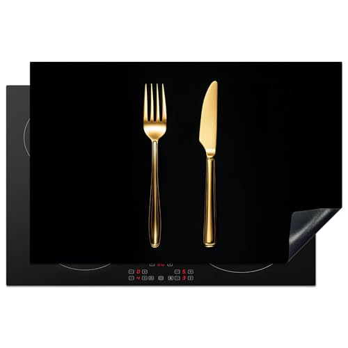 KitchenYeah© Herdabdeckplatte 80.2x52.2 cm Einteilig Küche Herdabdeckung Induktionsfeld Ceranfeld Herdabdeckplatten Vinyl Matte Aufrollbar Besteck - Gold - Messer - Gabel von KitchenYeah