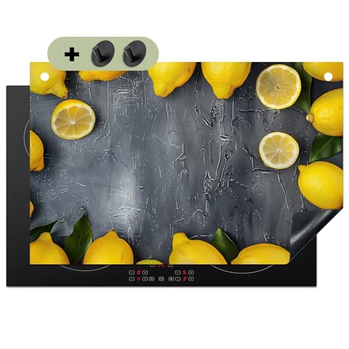 KitchenYeah© Herdabdeckplatte 80x52 cm Einteilig Ceranfeld Abdeckplatte für Induktionsschutz Ceranfeldabdeckung Vinyl Herdabdeckplatten, Spritzschutz Küche Beton - Zitrone - Grau - Gelb von KitchenYeah