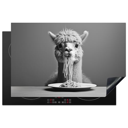 KitchenYeah© Herdabdeckplatte 80x52 cm Induktion Schutzmatte Küche Herdabdeckung Ceranfeld Induktionsmatte Cerankochfeld Abdeckung Alpaka - Nudeln - Schwarz - Weiß - Niedlich - Tier von KitchenYeah