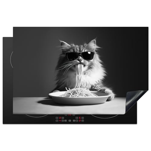 KitchenYeah© Herdabdeckplatte 81.2x52 cm Einteilig Herdabdeckung Abdeckplatte für Ceranfeld Abdeckung Induktionskochfeld Aufrollbare Matte Langhaarkatze - Sonnenbrille - Spaghetti - Humor von KitchenYeah