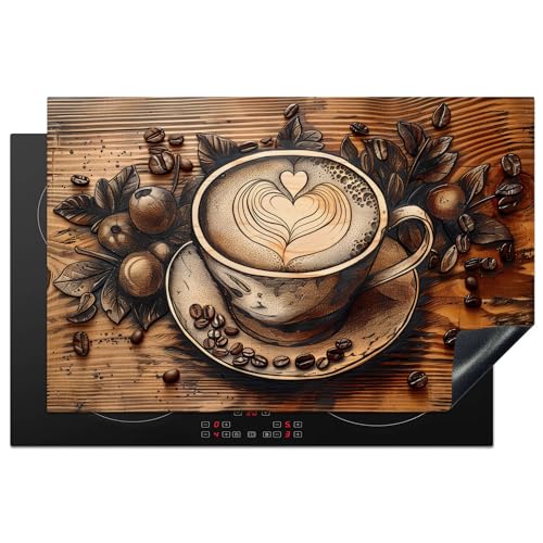 KitchenYeah© Herdabdeckplatte 81.2x52 cm Einteilig Küche Herdabdeckung Induktionsfeld Ceranfeld Herdabdeckplatten Vinyl Matte Aufrollbar Kaffee - Vintage - Braun - Tasse - Holz von KitchenYeah