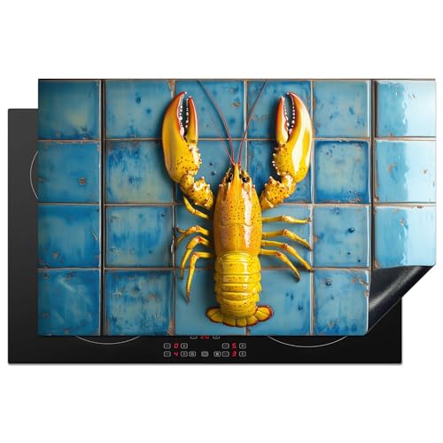 KitchenYeah© Herdabdeckplatte 81.6x52.7 cm Einteilig Ceranfeld Abdeckplatte für Induktionsschutz Ceranfeldabdeckung Vinyl Herdabdeckplatten Hummer - Gelb - Blau - Kacheln von KitchenYeah