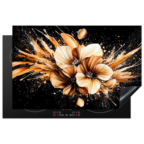 KitchenYeah© Herdabdeckplatte 81.6x52.7 cm Einteilig Induktionsmatte Küche Abdeckung Ceranfeld Herd Abdeckplatte Deko Vinyl Matte Aufrollbar Blumen - Gold - Graffiti - Schwarz - Abstrakt von KitchenYeah