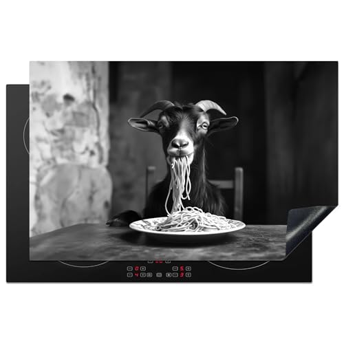 KitchenYeah© Herdabdeckplatte 81.6x52.7 cm Einteilig Induktionsmatte Küche Abdeckung Ceranfeld Herd Abdeckplatte Deko Vinyl Matte Aufrollbar Ziege - Teller - Spaghetti - Schwarz und Weiß von KitchenYeah