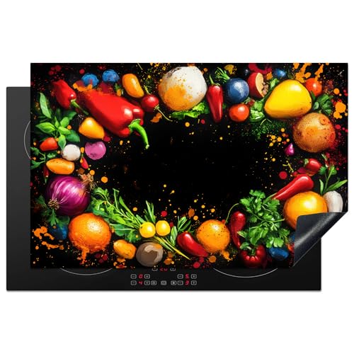 KitchenYeah© Herdabdeckplatte 81.6x52.7 cm Einteilig Küche Herdabdeckung Induktionsfeld Ceranfeld Herdabdeckplatten Vinyl Matte Aufrollbar Gemüse - Graffiti - Farbenfroh - Kochen - Abstrakt von KitchenYeah