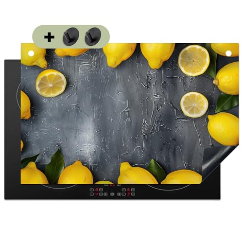 KitchenYeah© Herdabdeckplatte 81x52 cm Einteilig Ceranfeld Abdeckplatte für Induktionsschutz Ceranfeldabdeckung Vinyl Herdabdeckplatten, Spritzschutz Küche Beton - Zitrone - Grau - Gelb von KitchenYeah