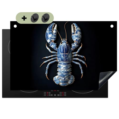 KitchenYeah© Herdabdeckplatte 81x52 cm Einteilig Herdabdeckung Abdeckplatte für Ceranfeld Abdeckung Induktionskochfeld, Spritzschutz Küchenrückwand Hummer - Delfter Blau - Teller - Zäh von KitchenYeah