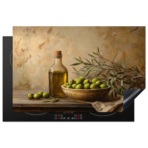 KitchenYeah© Herdabdeckplatte 81x52 cm Einteilig Induktionsmatte Küche Abdeckung Ceranfeld Herd Abdeckplatte Deko Vinyl Matte Aufrollbar Oliven - Stillleben - Weinlese von KitchenYeah