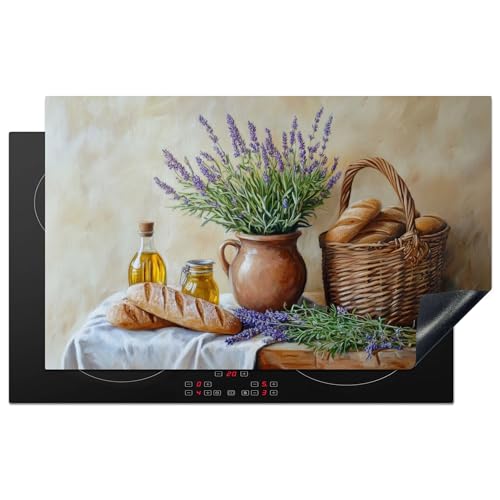 KitchenYeah© Herdabdeckplatte 83x51 cm Einteilig Abdeckplatten Cerankochfeld Abdeckung Ceranfeld Herdplattenabdeckung Induktionsmatte Lavendel - Brot - Stilleben von KitchenYeah