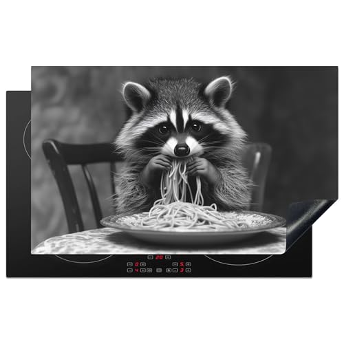 KitchenYeah© Herdabdeckplatte 83x51 cm Einteilig Abdeckplatten Cerankochfeld Abdeckung Ceranfeld Herdplattenabdeckung Induktionsmatte Waschbär - Niedlich - Pasta - Tischtuch - Schwarz - Weiß von KitchenYeah