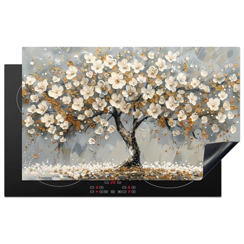 KitchenYeah© Herdabdeckplatte 83x51 cm Einteilig Ceranfeld Abdeckplatte Küche Deko Ceranfeldabdeckung Herdabdeckung Induktionsmatte Baum des Lebens - Gold - Weiß von KitchenYeah