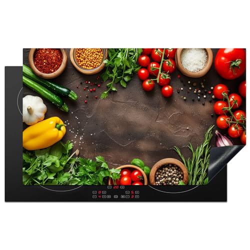 KitchenYeah© Herdabdeckplatte 83x51 cm Einteilig Ceranfeld Abdeckplatte Küche Deko Ceranfeldabdeckung Herdabdeckung Induktionsmatte Gemüse - Tomaten - Beton - Kräuter von KitchenYeah