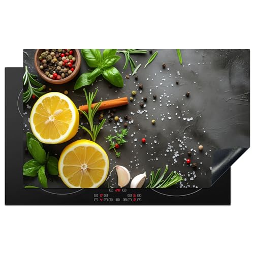 KitchenYeah© Herdabdeckplatte 83x51 cm Einteilig Ceranfeld Abdeckplatte Küche Deko Ceranfeldabdeckung Herdabdeckung Induktionsmatte Zitrone - Beton - Pfeffer - Kräuter - Obst von KitchenYeah