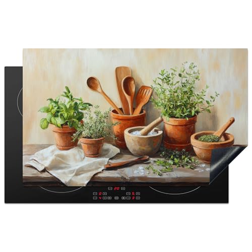 KitchenYeah© Herdabdeckplatte 83x51 cm Einteilig Ceranfeld Abdeckplatte für Induktionsschutz Ceranfeldabdeckung Vinyl Herdabdeckplatten Töpfe - Kräuter - Holz von KitchenYeah