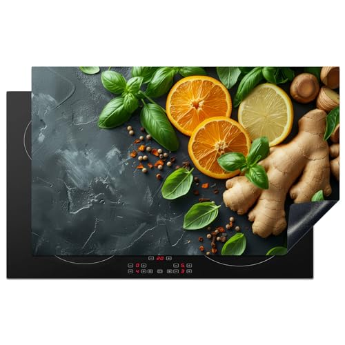 KitchenYeah© Herdabdeckplatte 83x51 cm Einteilig Induktionsmatte Küche Abdeckung Ceranfeld Herd Abdeckplatte Deko Vinyl Matte Aufrollbar Kräuter - Obst - Beton - Ingwer - Blätter von KitchenYeah