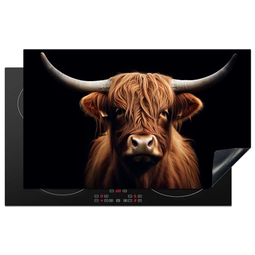 KitchenYeah© Herdabdeckplatte 83x51 cm Einteilig Induktionsmatte Küche Abdeckung Ceranfeld Herd Abdeckplatte Deko Vinyl Matte Aufrollbar Schottisches Hochlandrind - Schwarz - Kuh - Tiere von KitchenYeah