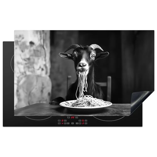 KitchenYeah© Herdabdeckplatte 83x51 cm Einteilig Induktionsmatte Küche Abdeckung Ceranfeld Herd Abdeckplatte Deko Vinyl Matte Aufrollbar Ziege - Teller - Spaghetti - Schwarz und Weiß von KitchenYeah