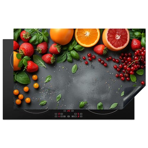 KitchenYeah© Herdabdeckplatte 83x51 cm Induktion Schutzmatte Küche Herdabdeckung Ceranfeld Induktionsmatte Cerankochfeld Abdeckung Obst - Beton - Orange - Erdbeere von KitchenYeah