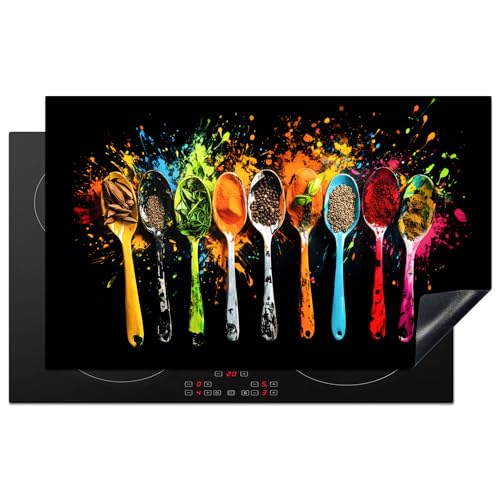 KitchenYeah© Herdabdeckplatte 85x52 cm Einteilig Herdabdeckung Abdeckplatte für Ceranfeld Abdeckung Induktionskochfeld Aufrollbare Matte Löffel - Gewürze - Modern - Graffiti - Farbenfroh von KitchenYeah