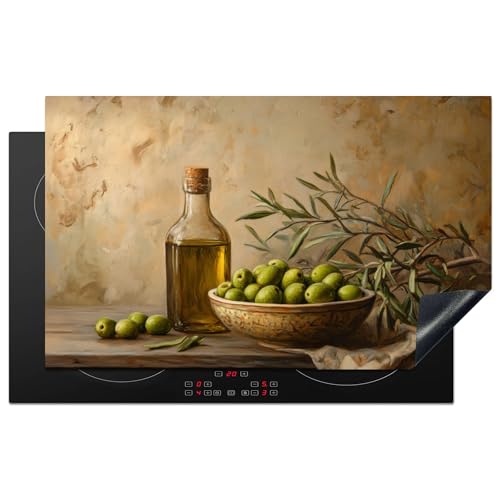 KitchenYeah© Herdabdeckplatte 85x52 cm Einteilig Induktionsmatte Küche Abdeckung Ceranfeld Herd Abdeckplatte Deko Vinyl Matte Aufrollbar Oliven - Stillleben - Weinlese von KitchenYeah