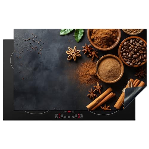 KitchenYeah© Herdabdeckplatte 85x52 cm Einteilig Induktionsmatte Küche Abdeckung Ceranfeld Herd Abdeckplatte Deko Vinyl Matte Aufrollbar Zimt - Beton - Kaffee - Zimtstangen - Gewürze von KitchenYeah