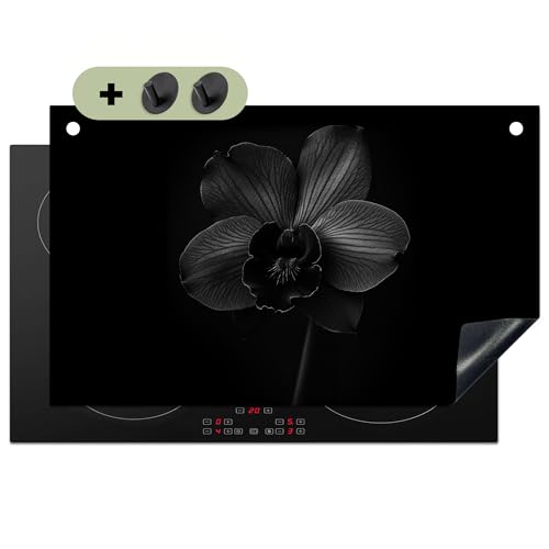 KitchenYeah© Herdabdeckplatte 85x52 cm Einteilig Küche Herdabdeckung Induktionsfeld Ceranfeld Herdabdeckplatten Vinyl Matte, Spritzschutz Küchenrückwand Schwarz - Blume - Orchidee von KitchenYeah