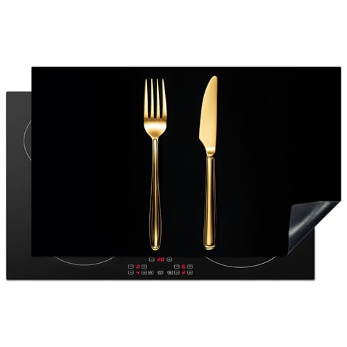 KitchenYeah© Herdabdeckplatte 85x52 cm Einteilig Küche Herdabdeckung Induktionsfeld Ceranfeld Herdabdeckplatten Vinyl Matte Aufrollbar Besteck - Gold - Messer - Gabel von KitchenYeah