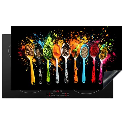 KitchenYeah© Herdabdeckplatte 89x51 cm Einteilig Herdabdeckung Abdeckplatte für Ceranfeld Abdeckung Induktionskochfeld Aufrollbare Matte Löffel - Gewürze - Modern - Graffiti - Farbenfroh von KitchenYeah