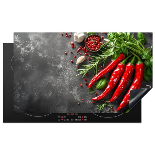 KitchenYeah© Herdabdeckplatte 90x52 cm Einteilig Ceranfeld Abdeckplatte für Induktionsschutz Ceranfeldabdeckung Vinyl Herdabdeckplatten Chilischoten - Beton - Knoblauch - Küche von KitchenYeah