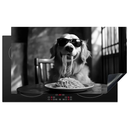 KitchenYeah© Herdabdeckplatte 90x52 cm Einteilig Induktionsmatte Küche Abdeckung Ceranfeld Herd Abdeckplatte Deko Vinyl Matte Aufrollbar Golden Retriever - Hund - Spaghetti - Schwarz - Weiß von KitchenYeah