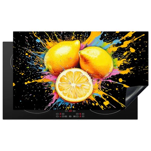 KitchenYeah© Herdabdeckplatte 90x52 cm Einteilig Induktionsmatte Küche Abdeckung Ceranfeld Herd Abdeckplatte Deko Vinyl Matte Aufrollbar Zitrone - Graffiti - Farbenfroh - Farbe - Modern von KitchenYeah