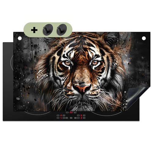 KitchenYeah© Herdabdeckplatte 90x52 cm Einteilig Küche Herdabdeckung Induktionsfeld Ceranfeld Herdabdeckplatten Vinyl Matte, Spritzschutz Küchenrückwand Tiger - Tiere - Porträt - Schwarz - Luxus von KitchenYeah