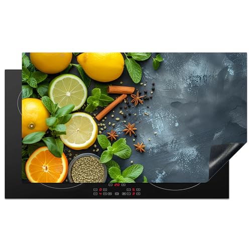 KitchenYeah© Herdabdeckplatte 91.2x52 cm Einteilig Küche Herdabdeckung Induktionsfeld Ceranfeld Herdabdeckplatten Vinyl Matte Aufrollbar Obst - Beton - Pflanzen - Zitrone - Zimt von KitchenYeah
