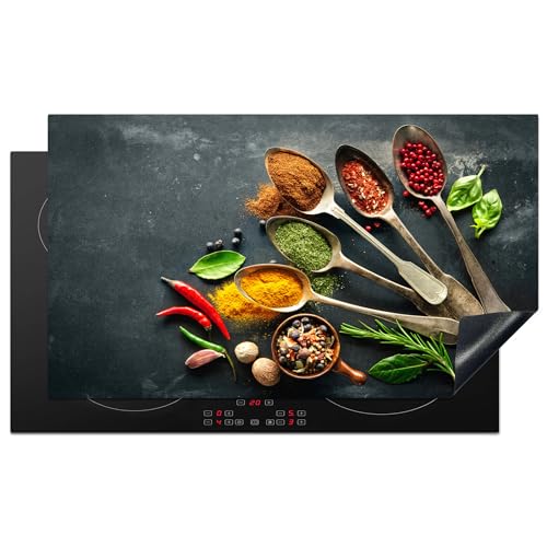 KitchenYeah© Herdabdeckplatte 91.6x52.7 cm Einteilig Abdeckplatten Cerankochfeld Abdeckung Ceranfeld Herdplattenabdeckung Induktionsmatte Kräuter - Löffel - Gewürze - Betonoptik - Grau von KitchenYeah