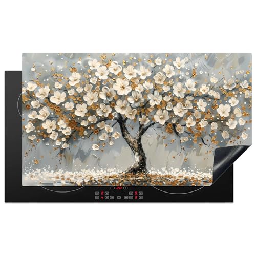 KitchenYeah© Herdabdeckplatte 91.6x52.7 cm Einteilig Ceranfeld Abdeckplatte Küche Deko Ceranfeldabdeckung Herdabdeckung Induktionsmatte Baum des Lebens - Gold - Weiß von KitchenYeah