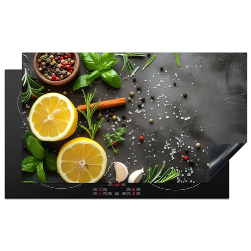 KitchenYeah© Herdabdeckplatte 91.6x52.7 cm Einteilig Ceranfeld Abdeckplatte Küche Deko Ceranfeldabdeckung Herdabdeckung Induktionsmatte Zitrone - Beton - Pfeffer - Kräuter - Obst von KitchenYeah
