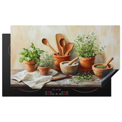 KitchenYeah© Herdabdeckplatte 91.6x52.7 cm Einteilig Ceranfeld Abdeckplatte für Induktionsschutz Ceranfeldabdeckung Vinyl Herdabdeckplatten Töpfe - Kräuter - Holz von KitchenYeah