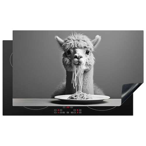 KitchenYeah© Herdabdeckplatte 91.6x52.7 cm Induktion Schutzmatte Küche Herdabdeckung Ceranfeld Induktionsmatte Cerankochfeld Abdeckung Alpaka - Nudeln - Schwarz - Weiß - Niedlich - Tier von KitchenYeah