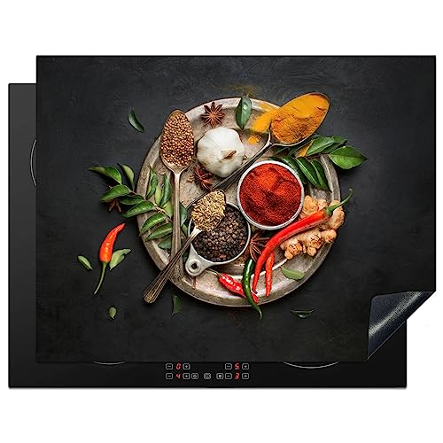 KitchenYeah© Herdabdeckplatte Einteilig Küche Abdeckplatten für Herd Abdeckung Induktionskochfeld Ceranfeld Aufrollbare Matte Gewürze - Paprika - Löffel - Kräuter - Gemüse - 77x59 cm von KitchenYeah