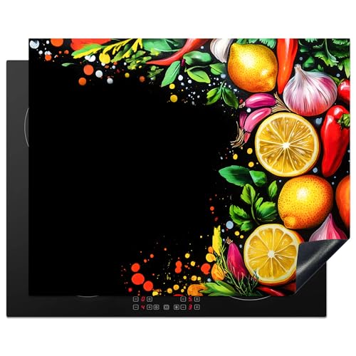 KitchenYeah© Herdabdeckplatte Einteilig 65x52 cm Küche Ceranfeld Abdeckplatte Cerankochfeld Abdeckung Induktionskochfeld Schutzmatte Zitronen - Paprika - Kräuter - Graffiti - Farbe - Abstrakt von KitchenYeah