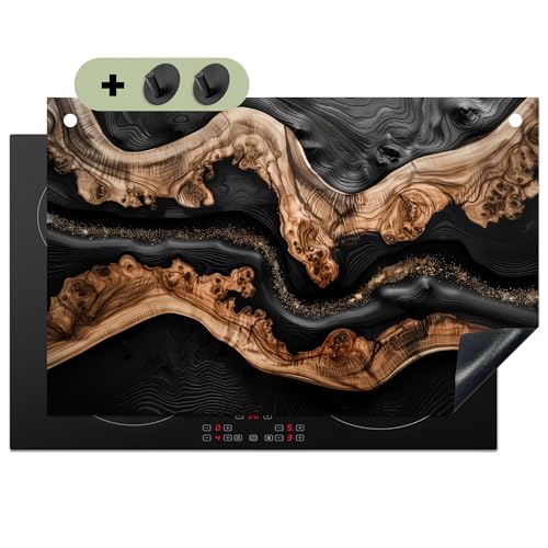 KitchenYeah© Herdabdeckplatte Einteilig 80x52 cm Küche Ceranfeld Abdeckplatte Cerankochfeld Abdeckung Induktionskochfeld Schutzmatte, Spritzschutz Küche Deko Schwarz - Holz - Kunstharz - Fluss von KitchenYeah