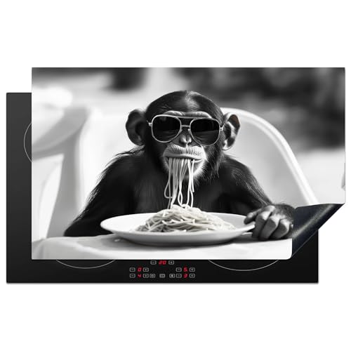 KitchenYeah© Herdabdeckplatte Einteilig 85x52 cm Küche Ceranfeld Abdeckplatte Cerankochfeld Abdeckung Induktionskochfeld Schutzmatte Affe - Spaghetti - Sonnenbrille - Schwarz Weiß - Tier von KitchenYeah